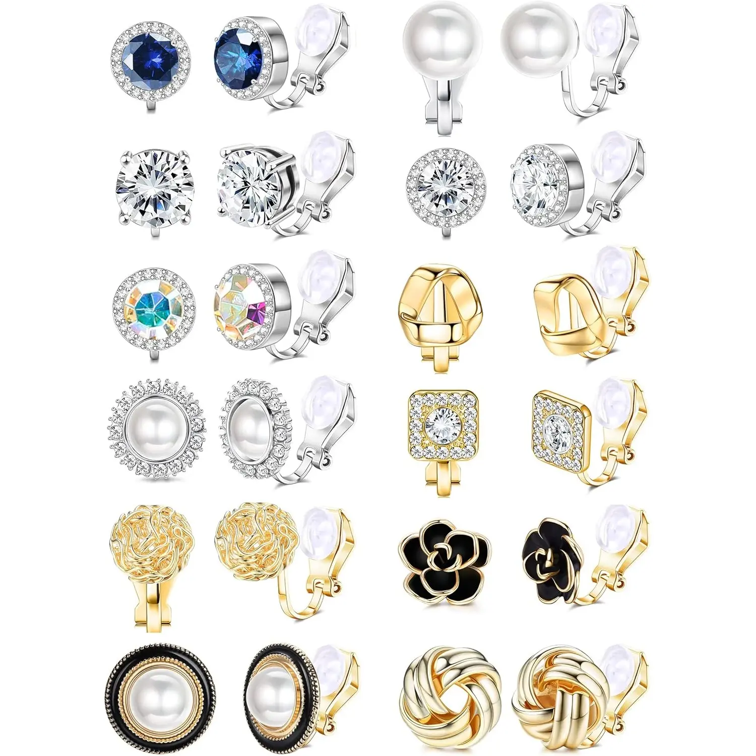 YADOCA 12 Pairs Clip On Earrings for Women Clip Earrings Non Pierced Earrings CZ Flower Twist Knot Simulated Pearl Clip On Earrings Sets