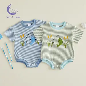 Infant Baby Boy Romper Summer Crew Neck Short Sleeve Fish Embroidery Striped Print Waffle Knit Jumpsuit