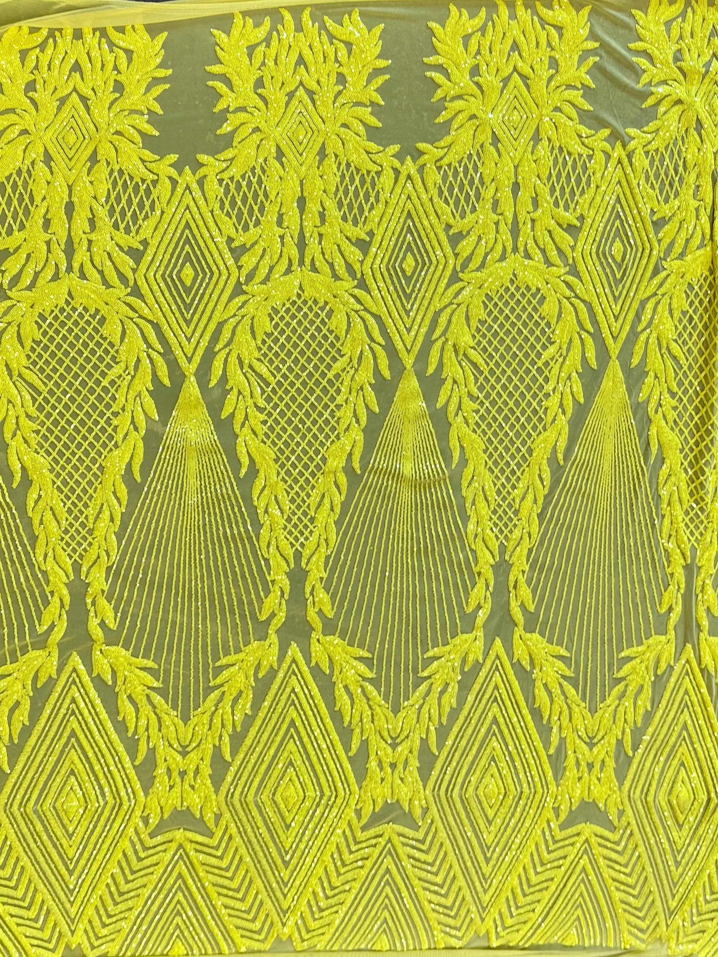 Neon Yellow Embroidered Curlicue Sequins on Mesh Lace