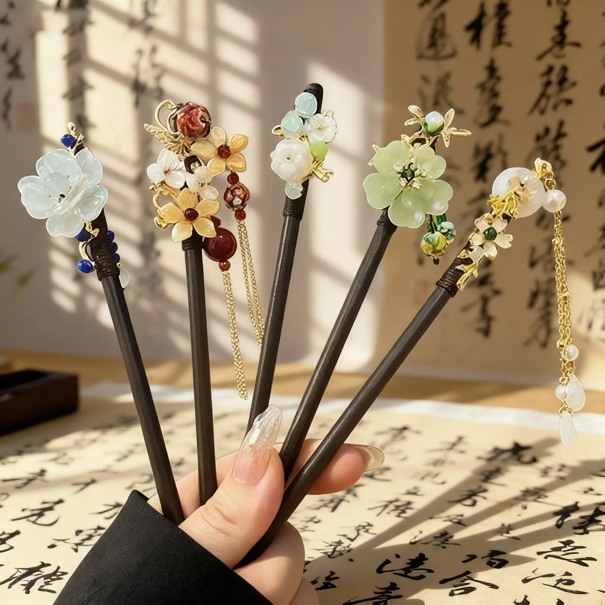 Women's 5PCS Vintage Chinese-Style Wooden Hairpin Set, Classical Elegant Hair Accessories for Hanfu/Qipao, Ethnic Gift, Flat Claw Clip, French Hair Pin, Octopus Clip (Blue or Pink), Accessories For Women
