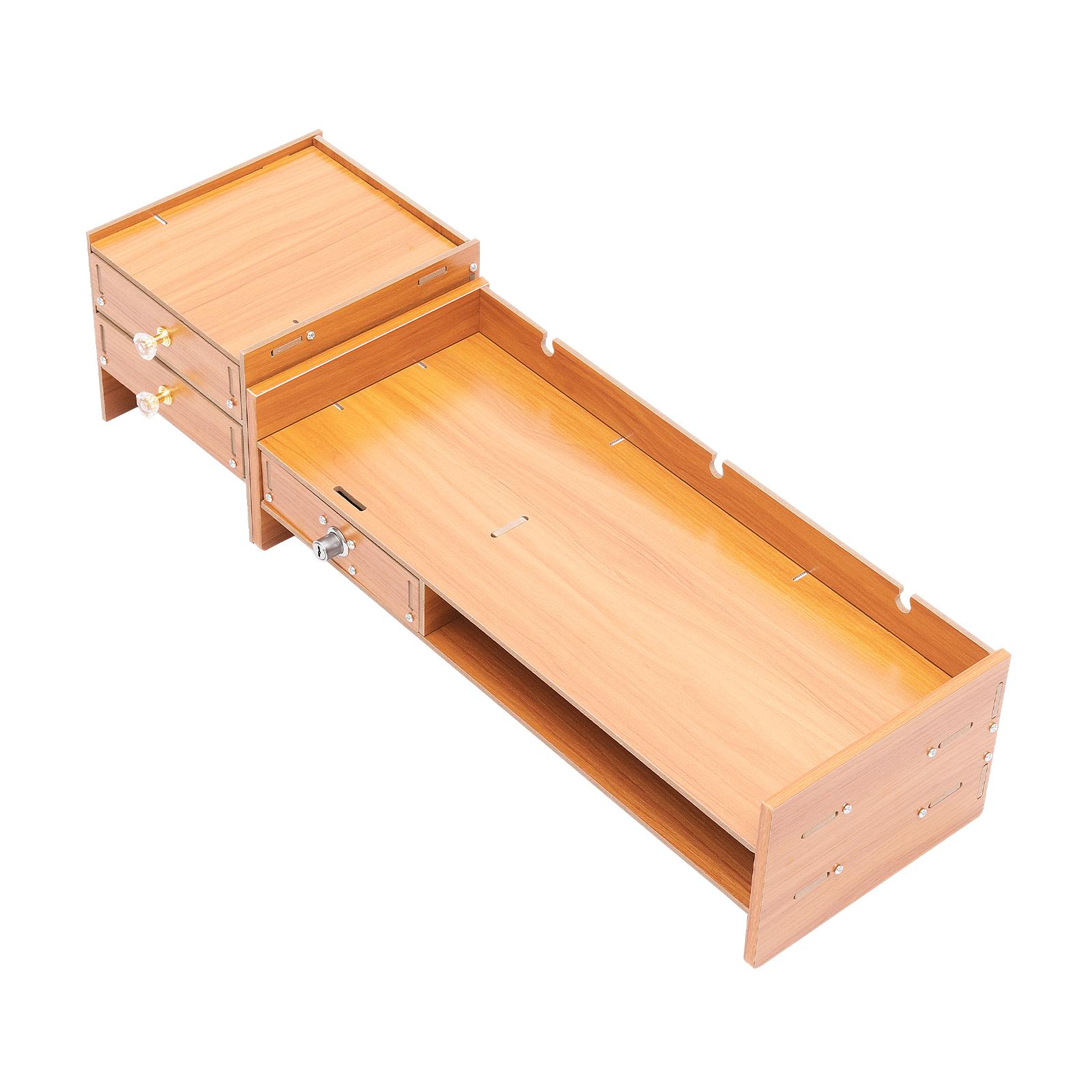 3-Drawer Computer Monitor Stand with Lockable Drawer & Side Cabinet, Wooden Desktop Organizer Riser with Phone Holder & Keyboard Storage, Ergonomic Eye Level Lift for Home Office Desk