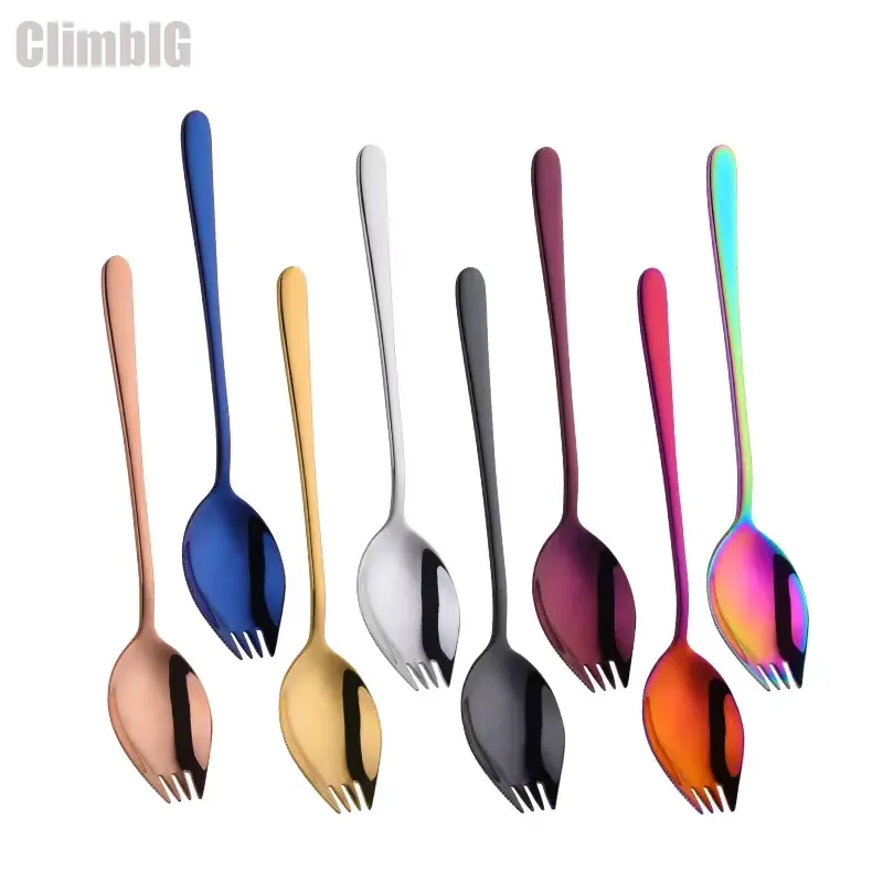 304 Food Grade Stainless Steel Spork - 2-in-1 Serrated Edge Fork Spoon Combo, Multifunctional Reusable Camping Utensils for Outdoor Hiking Picnic, Travel Cutlery for Dessert Noodle Salad Fruit