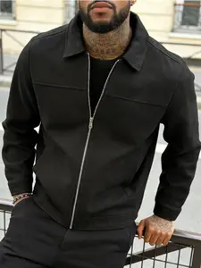 Men's Casual Stand Collar Jacket, Zipper Closure, Faux Suede Velvet Coat, Easy Care Fabric, Suitable for Daily Life, Work Travel, Spring & Fall