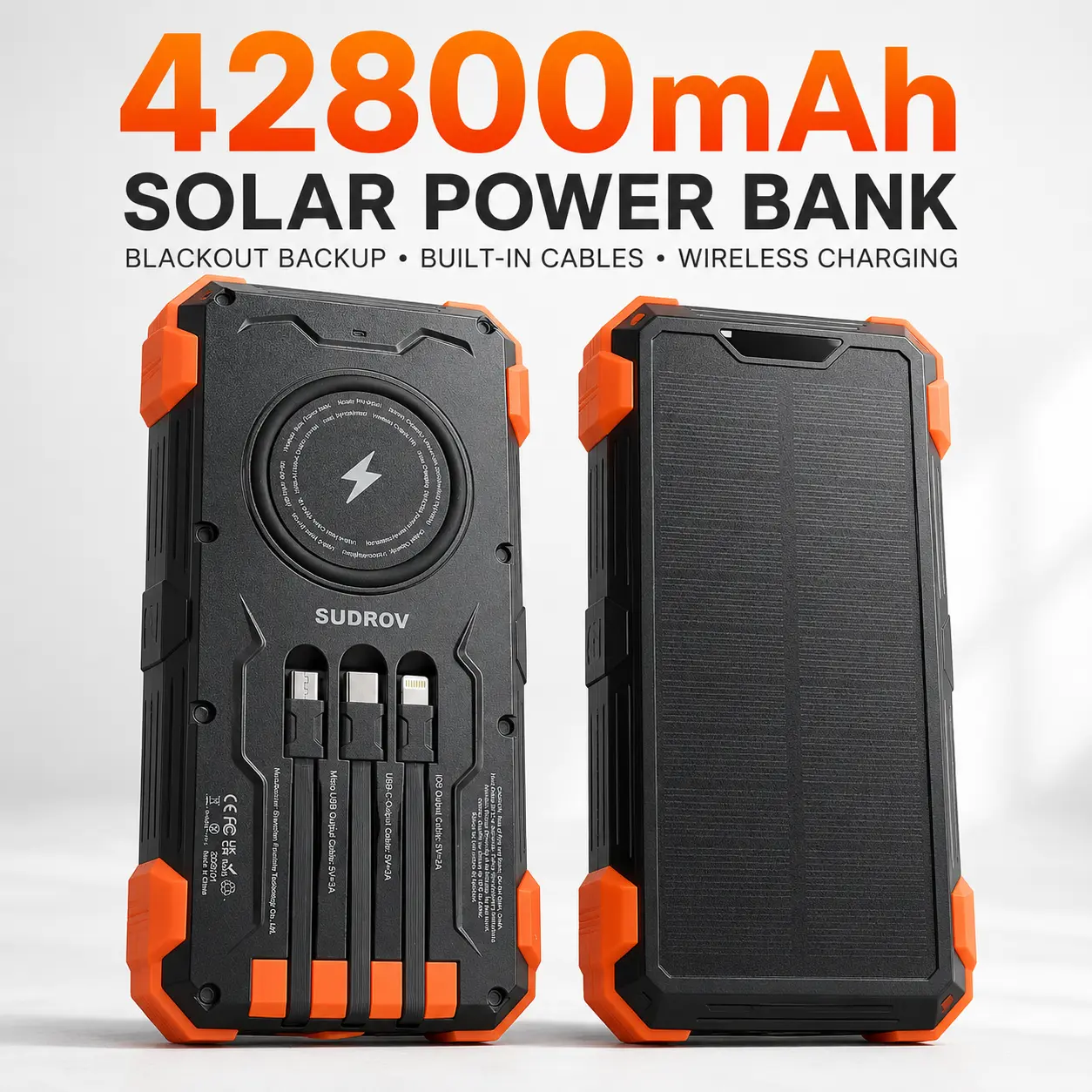 Sudrov 42800 mAh Solar Charger Power Bank Wireless Charger Built in 4 Cables 7 Outputs 15 Watts Fast Charging Power Bank for All Mobile Devices 3 Inputs Solar Portable Charger with Dual Flashlights, Carabiner and Thermometer