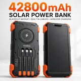 Sudrov 42800mAh Solar Rechargeable Battery Power Bank Charger - 15W Fast Boost, Built-in 4 Cables, 7 Outputs, 3 Inputs, Wireless Charging, Dustproof, Dual Flashlights, Carabiner, Thermometer for Smartphones & Phone Accessories (TikTok Shop Back to School)