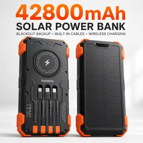 Sudrov 42800mAh Solar Rechargeable Battery Power Bank Charger - 15W Fast Boost, Built-in 4 Cables, 7 Outputs, 3 Inputs, Wireless Charging, Dustproof, Dual Flashlights, Carabiner, Thermometer for Smartphones & Phone Accessories (TikTok Shop Back to School)