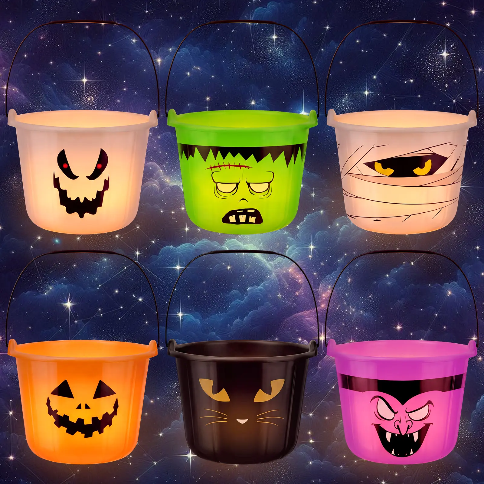 6/12 Pcs Halloween LED Trick or Treat Bucket with Handle Flameless Tea Lights Plastic Lantern Pail Pumpkin Candy Basket with Mummy Vampire Design for Halloween Party Supplies Home Table Decor