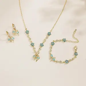 Women's Sweet French-Style Mini Bow Jewelry Set - Multicoloured Zirconia Earrings, Necklaces, Bracelets, Copper Costume Fashion Accessories, Mini Bow Necklaces