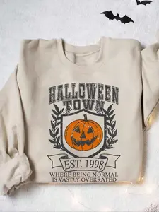 Vintage Halloween Pumpkin Print Fleece Pullover Sweatshirt, Casual Loose Fit Round Neck, Fall & Winter Holiday Wear