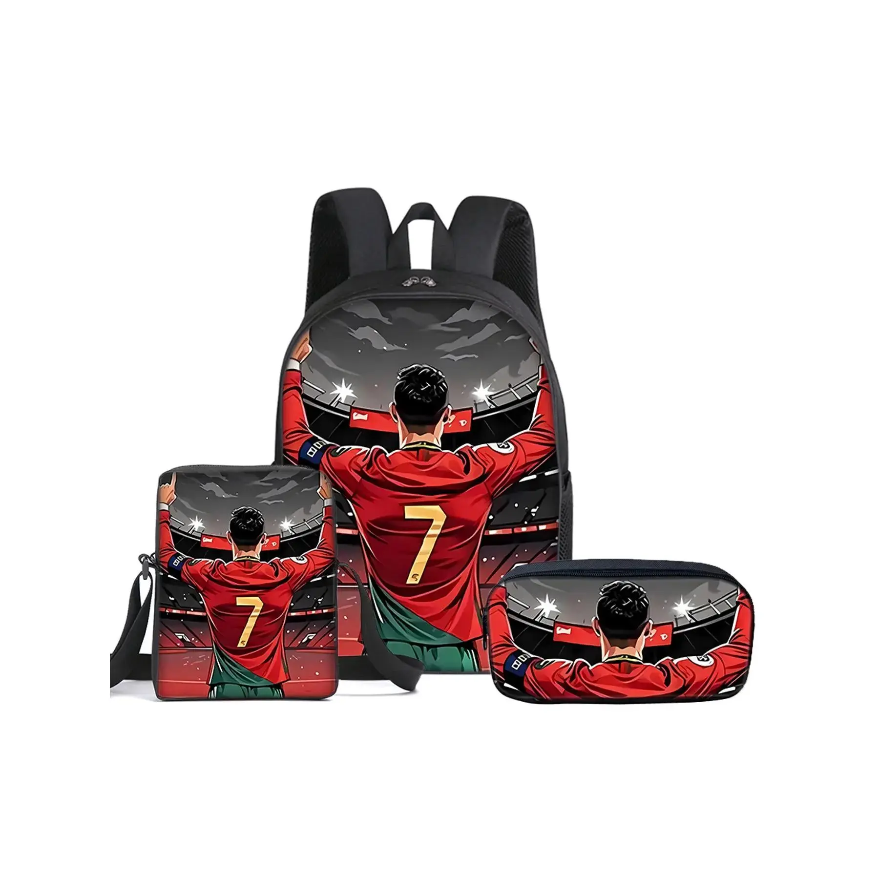 Unisex 16-in Multi-Function Soccer Backpack 3-Piece Set (Synthetic Polyester Single-Layer Backpack + Small Shoulder Bag + Single-Layer Pencil Case) for iPad, Parks Use, All-Over Soccer Print, All Seasons