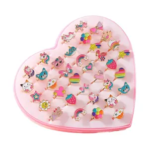 36pcs Little Girl Alloy Jewelry Rings, Adjustable Unicorn Rings Toys, child princess No Duplication Kids Play Ring In Box,  dress Up For 4-12 Year Old Girls, Birthday Christmas Valentine'S Day Easter Holiday Gifts