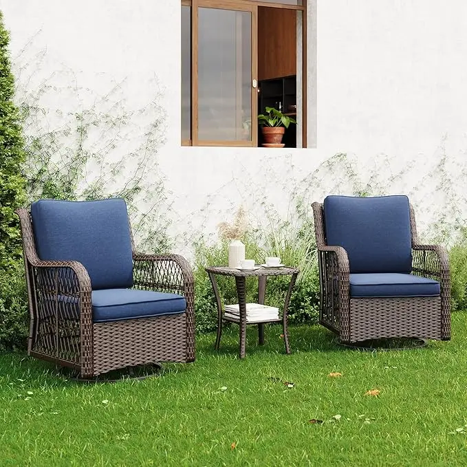 3 Piece 360° Swivel Rocking Patio Chair Set, All-Weather Wicker Glider Chairs with 4" Thick Cushions & Coffee Table, Comfortable Outdoor Furniture Set for Porch, Balcony & Deck