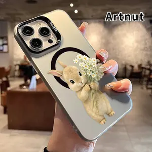 Magnetic Phone Case for iPhone 15 Pro Max 16 Plus 14 13 12 11 E Bunny with Daisies Pattern Anti-Scratch Military-Grade Drop Protection Slim Cover Smartphone Casing