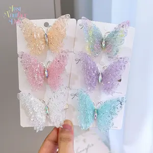 2pc Kids Girls' Super Fairy 3D Butterfly Hair Clips, Glitter Mesh & Rhinestone Hair Barrettes, Sweet Princess Style Hair Accessories for Children