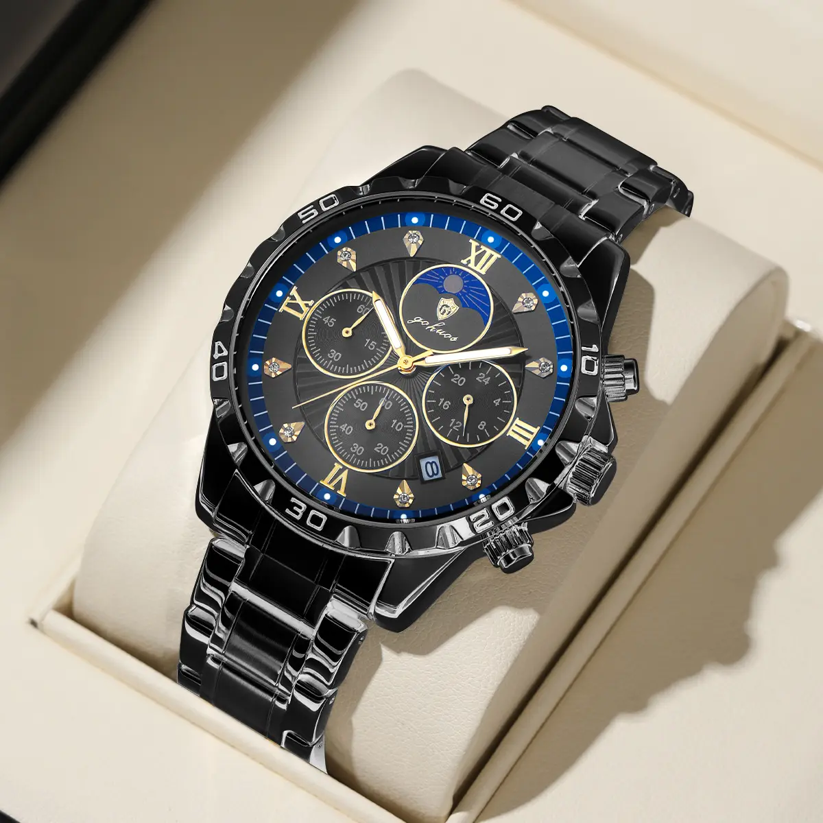 GOHUOS Luxury Men's Business Quartz Wristwatch Round Dial with Date, Chronograph Moon Phase Watches for men,Elegant All-match Watch with Gift Box, Perfect Gift for Daily and Party