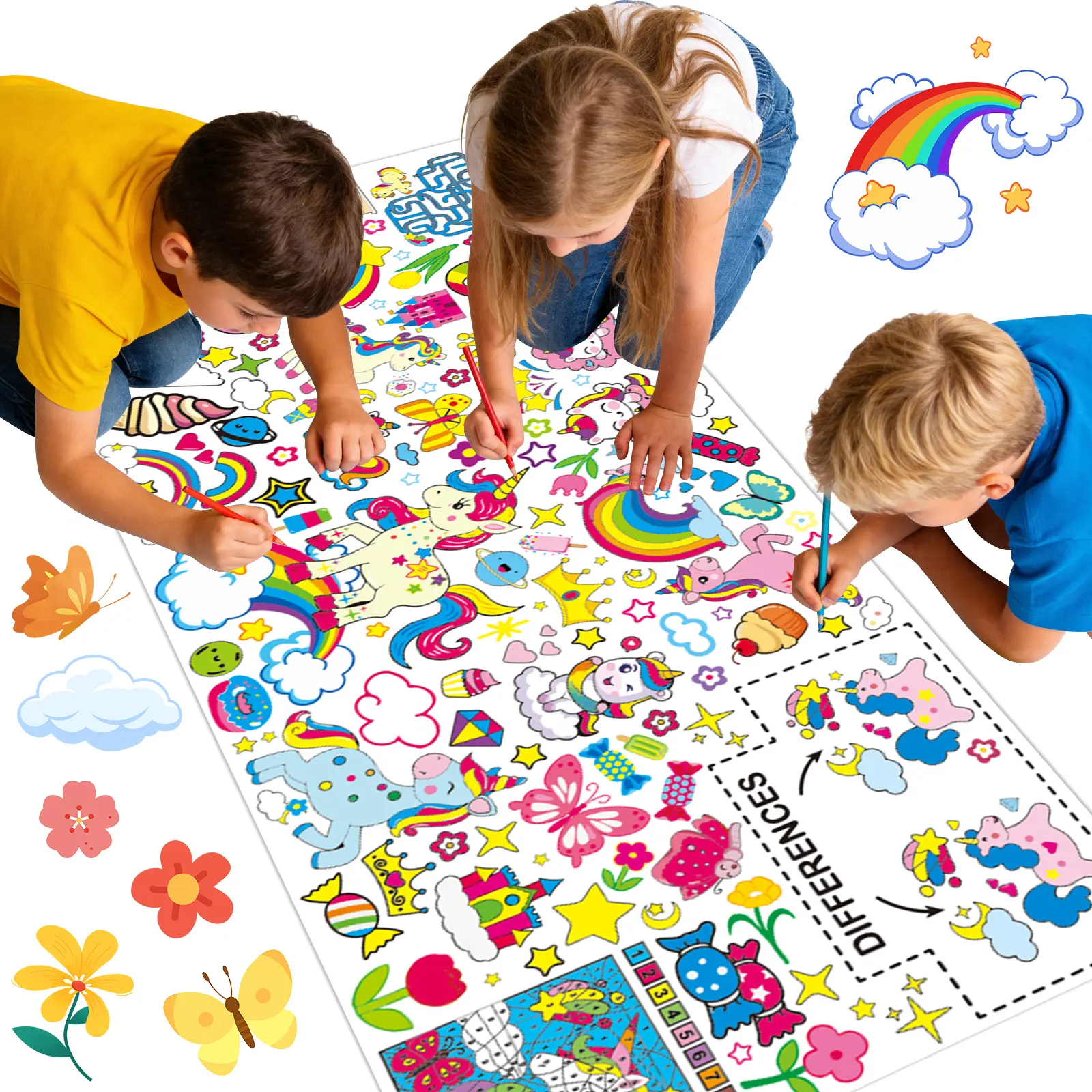 deAO Unicorn Coloring Tablecloth for Kids, Magical 31x72-Inch Poster Featuring Unicorns and Rainbows, Perfect for Girls' Birthday Party Games, Fantasy Decorations, Classroom Activities, and Event Supplies
