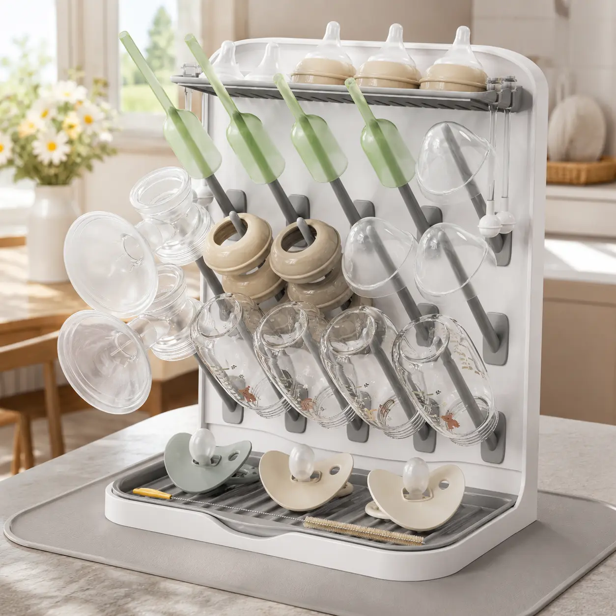 Lifewit Baby Bottle Drying Rack Organizer with Drain Mat & 15 Hooks, Countertop Storage Holder for Bottles, Pacifiers, Pump Parts, Newborn Feeding Essentials