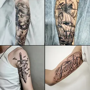 4 Large Picture Herbal Tattoo Stickers, Including Medusa, Sailing Boat, Dagger, Flower Character Elements and Other Styles, Lasting for 7-15 Days, Waterproof and Friction Resistant, Realistic Effect, Suitable for People Who Are Afraid of Pain and Do Not W