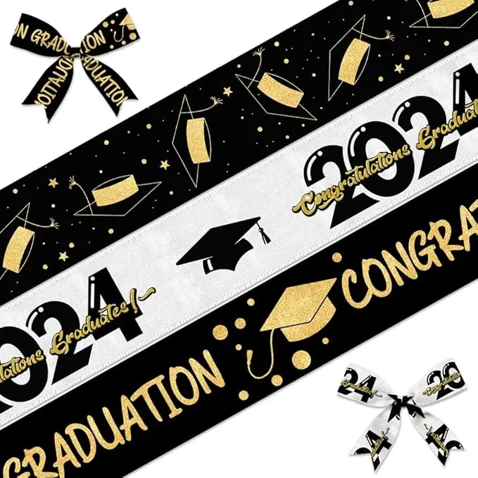 3 Pieces Graduation Decor Ribbons 5 Yards, Congrat Words 2024 Graduation Ribbons Gold White Black Congratulations Ribbon for Graduation Day Gift Wrapping Party Decoration Crafts Supplies
