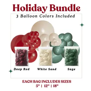 Holiday Balloon Bundle - Deep Red, White Sand, Sage Green - Sizes 5"- 12"- 18" - Perfect for Festive Decorations