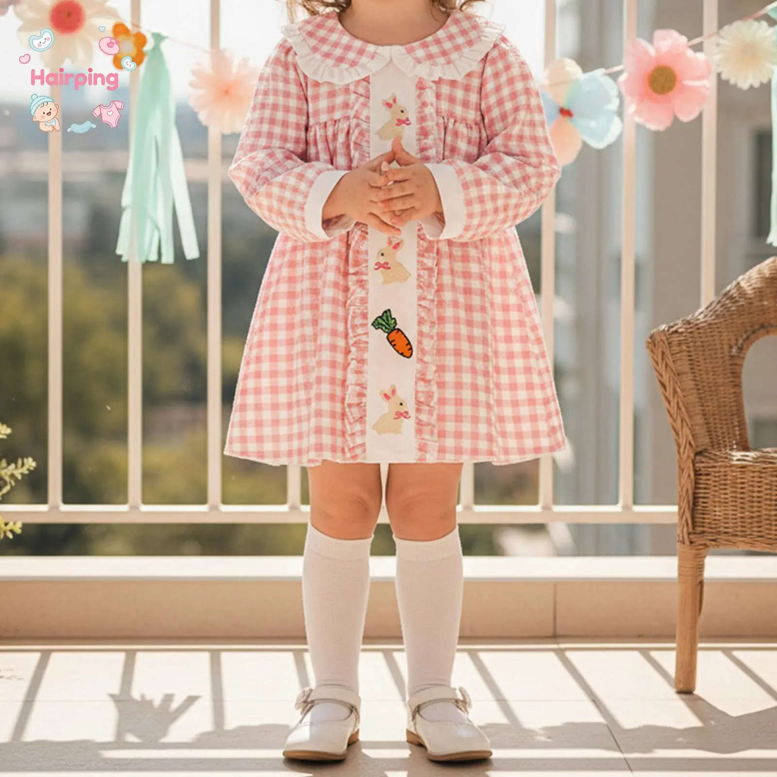 Baby Girl Ruffled Collar Gingham Bunny Carrots Print Dress - Pink, Bright Color, Breathable 100% Polyester Baby Clothing Toddler Outfit, Easter Party & Daily Loungewear (12M-6T), Gingham Check