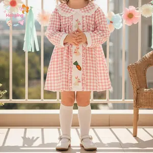 Baby Girl Ruffled Collar Dress - Pink Gingham Bunny Carrot Print | Bright Color Breathable | Easter Party & Daily Loungewear (12M-6T)