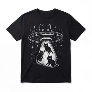 UFO Alien Cat Graphic T-Shirt – Men’s Fun Extraterrestrial Print Tee, Casual Short Sleeve Crewneck, 100% Cotton, Soft Breathable Fabric, Comfortable Relaxed Fit, Trendy Quirky Street Style, Perfect for Everyday Wear, Parties, Gifts