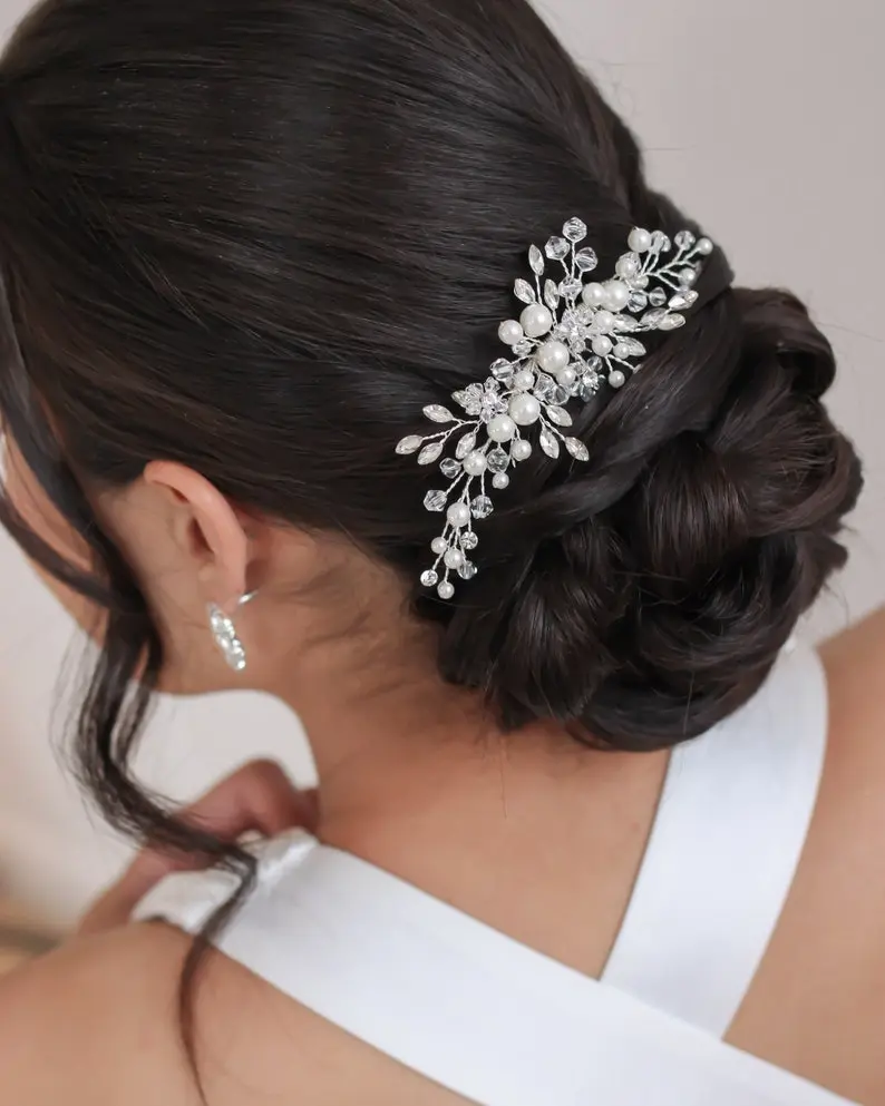 Pearl & Crystal Bridal Comb • Floral Wedding Crystal Comb • Bridal Headpiece • Gold Wedding Comb • Silver Bridal Comb • Rose Gold Comb