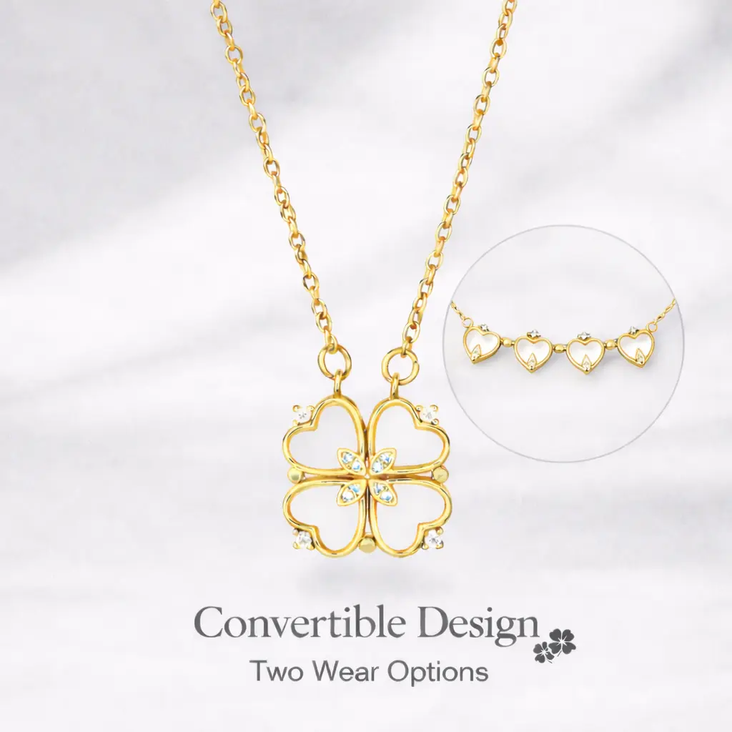 2-in-1 Convertible Clover Necklace for Women, Openable Four Leaf Clover Pendant, Gold Tone Mother of Pearl Fashion Jewelry Gift