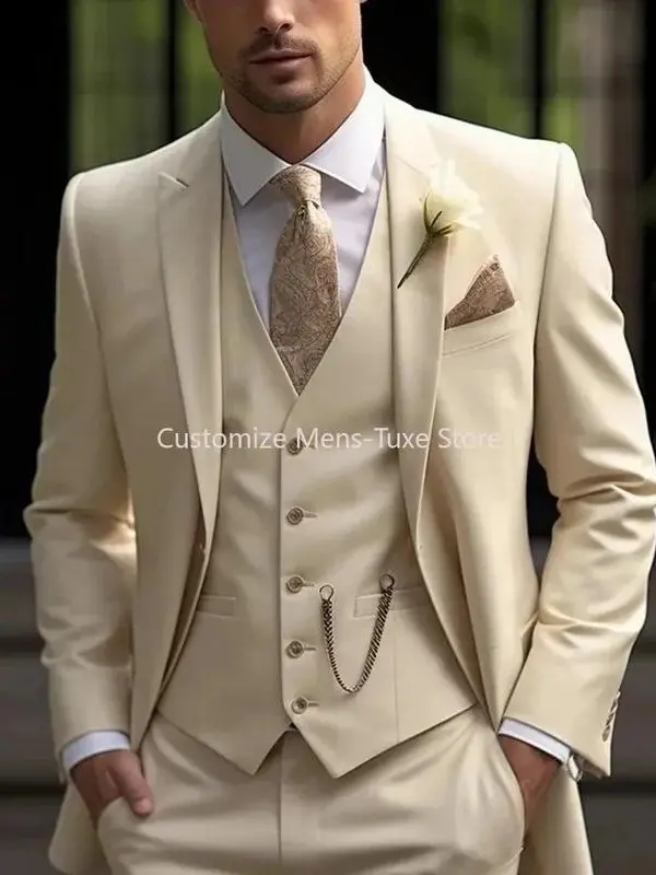 Men's New Beige Slim-Fitting 3-Piece Single-Breasted Tuxedo Suits - Formal Wear Jacket, Vest, Pants for Groom, Business, Workwear