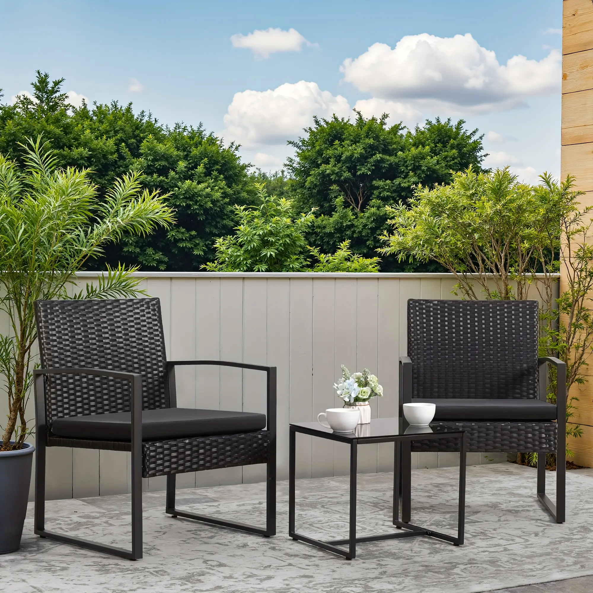 3 Pieces Patio Bistro Set, Wicker Outdoor Patio Furniture Set, Modern Rattan Patio Chairs With Coffee Table, Patio Conversation Sets For Balcony, Fron