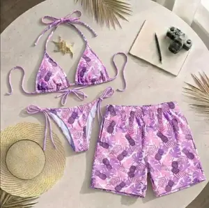 [Hot Summer 2026] - Matching Couple Beach Outfit Set – Pink Tropical Pineapple Bikini & Men Swim Shorts, Summer 2026 Vacation Look