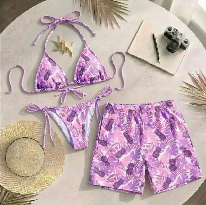 [Hot Summer 2026] - Matching Couple Beach Outfit Set – Pink Tropical Pineapple Bikini & Men Swim Shorts, Summer 2026 Vacation Look