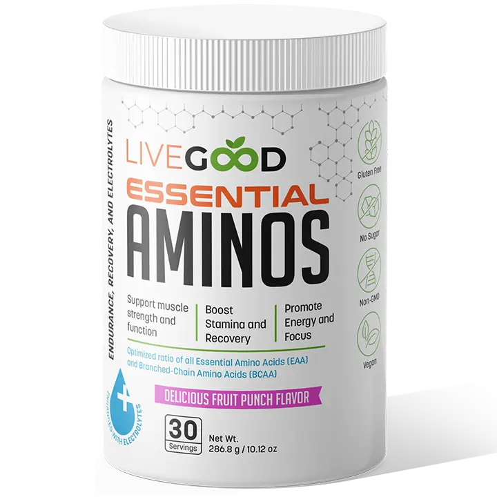 LiveGood Essential Aminos Fruit Punch BCAA + Electrolyte Powder Dietary Supplement - GMP Cert, Plant-Based Fitness Support, Sugar-Free Recovery Aid - Vegan, Non-GMO, Gluten-Free