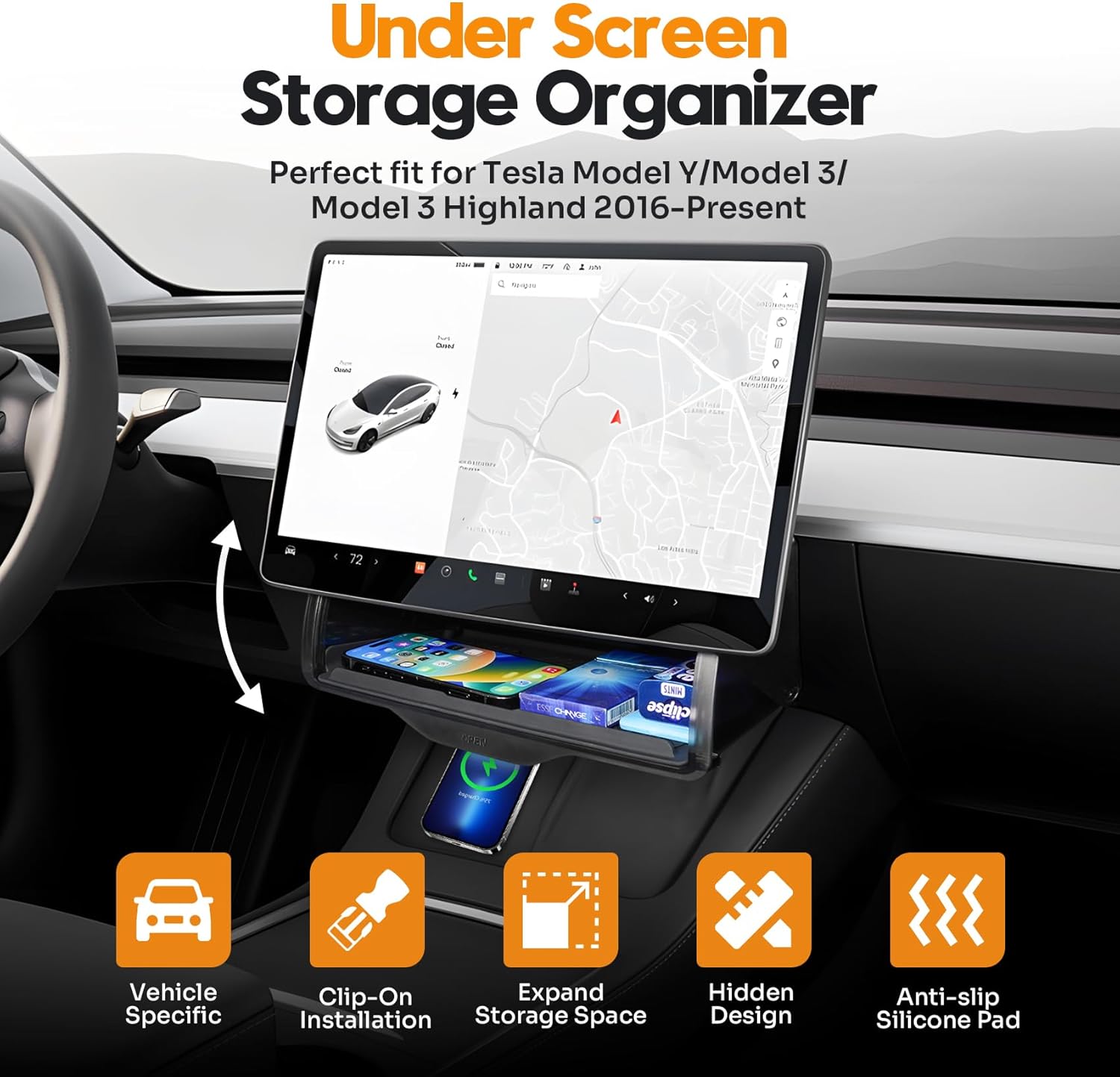 Under Screen Storage Organizer for 2016-2025 2026 Tesla Model Y/Model 3 Accessories (Fit New Model Y Juniper/Model 3 Highland), Hidden Center Console Organizer Tray with Anti-Slip Silicone Pad
