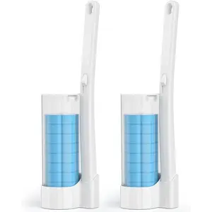 Disposable Toilet Brush 2 Pack with 20PCS Blue Scrubbing Pads for Deep Bathroom Cleaning White Holder Set Hang or Stand Option