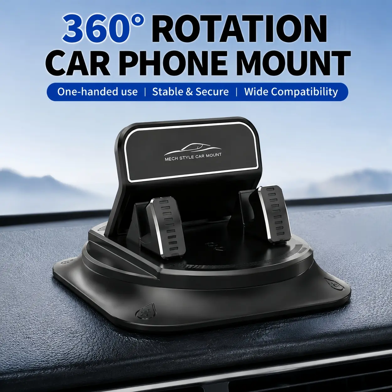 Plastic Adhesive Universal Car Dashboard Phone Holder, 360° Rotate Mount with Non-Slip Secure Base & Secure Grip, Hands-Free Horizontal/Vertical Viewing for iPhone, Android Phones