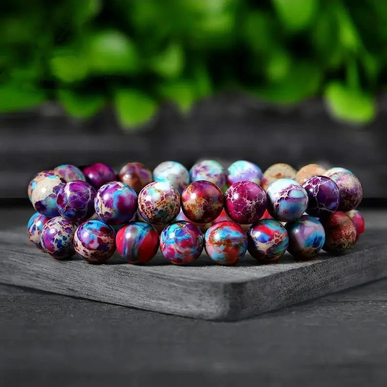 10mm Round Natural Galaxy Purple Sea Sediment Jasper Bracelet - Elastic Unisex Semiprecious Stone Jewelry, 6.5 inches, Calm and Soothe for Adults' Daily Wear, Inner Peace Gift Accessory, Stress Relief