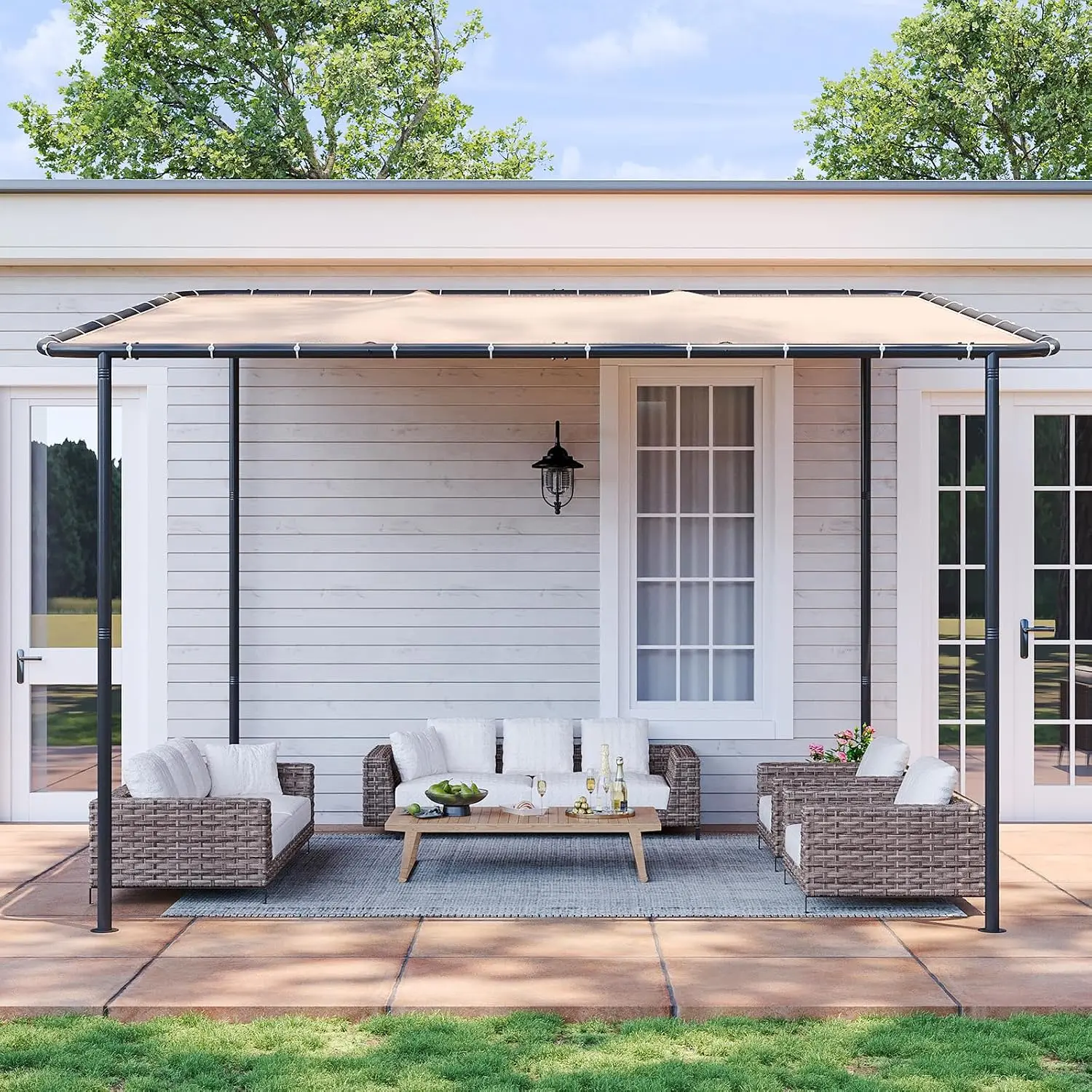 Aoxun Wall-Mounted Outdoor Canopy Shelter, Sturdy Powder-Coated Steel Frame Pergola (8ft×5ft/10ft×6ft/10ft×12ft) with Pre-Drilled Kit, Sloped Roof Awning, UPF50+ UV Prevention, Waterproof Khaki Cover for Patio, Decks, 1-Package Shipping (10X12)