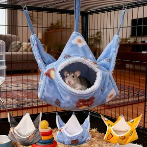 Cozy Fleece Pet Hammock Carrot & Bear Print Hanging Bed for Hamsters Chinchillas & Ferrets Soft Cage Accessory with Secure Straps