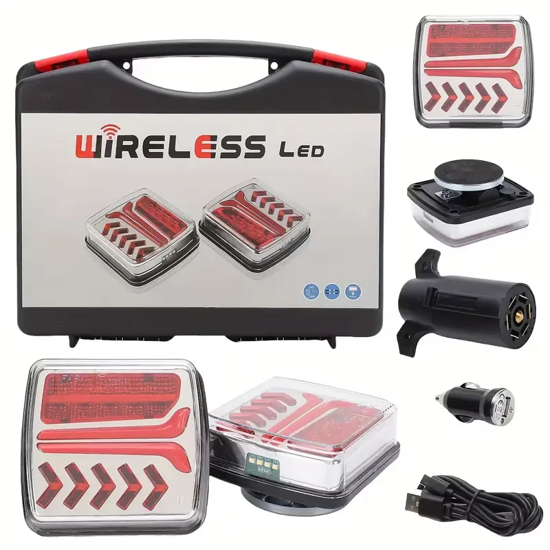 Magnetic Wireless LED Taillight Set - 8-in-1 Functionality, Strong Magnet, No-Drill Installation, Turn Signal, Brake, Reverse Lights, Includes Light, Transmitter, Charging Accessories, for RVs, Boat Haulers, Bicycle Racks