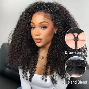 [3 IN 1 HALF] GOULUS Kinky Curly Half Wig Human Hair 200% Density 3 IN 1 Glueless Ready To Go Half Wig Human Hair With Drawstring Seamless Clip Ins Flip Over No Glue No Lace For Women Beginner Friendly