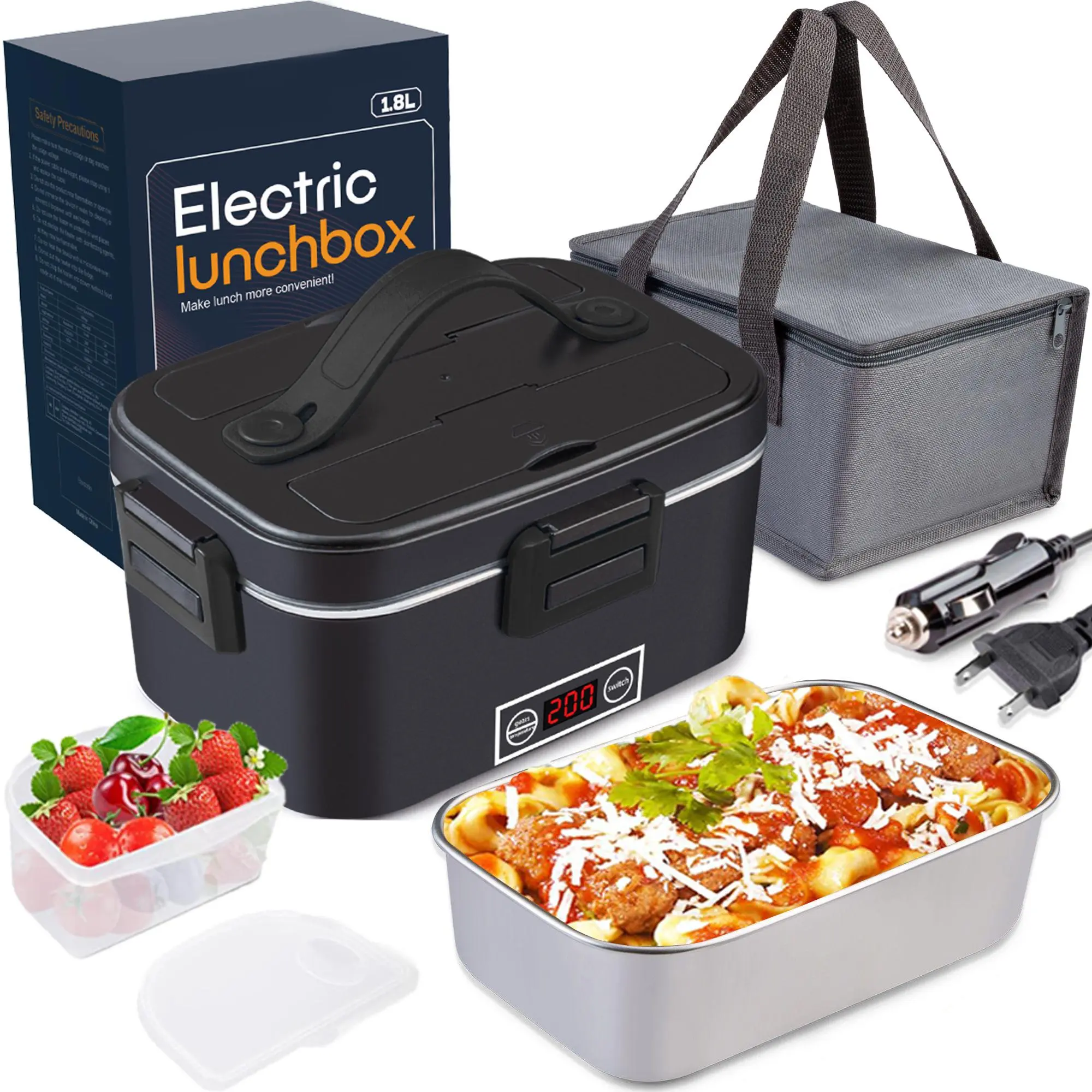 Stylish Portable Square Heated Lunchbox - 80W High Power, 1.8L Stainless Steel Liner, Black, Display Screen, 12V/24V/110V Multi-Voltage, Leak-Proof Thermal Box for Adults, School, Camping, 1.8 Liters