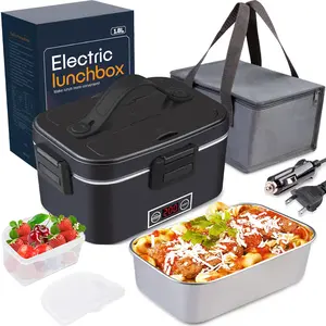 MultiPurpose Square Electric Lunch Box 80W High Power Black 1.8L Stainless Steel Liner With Display Screen 12V24V110V Multi Voltage Leak Proof Car Office Food Warmer Box