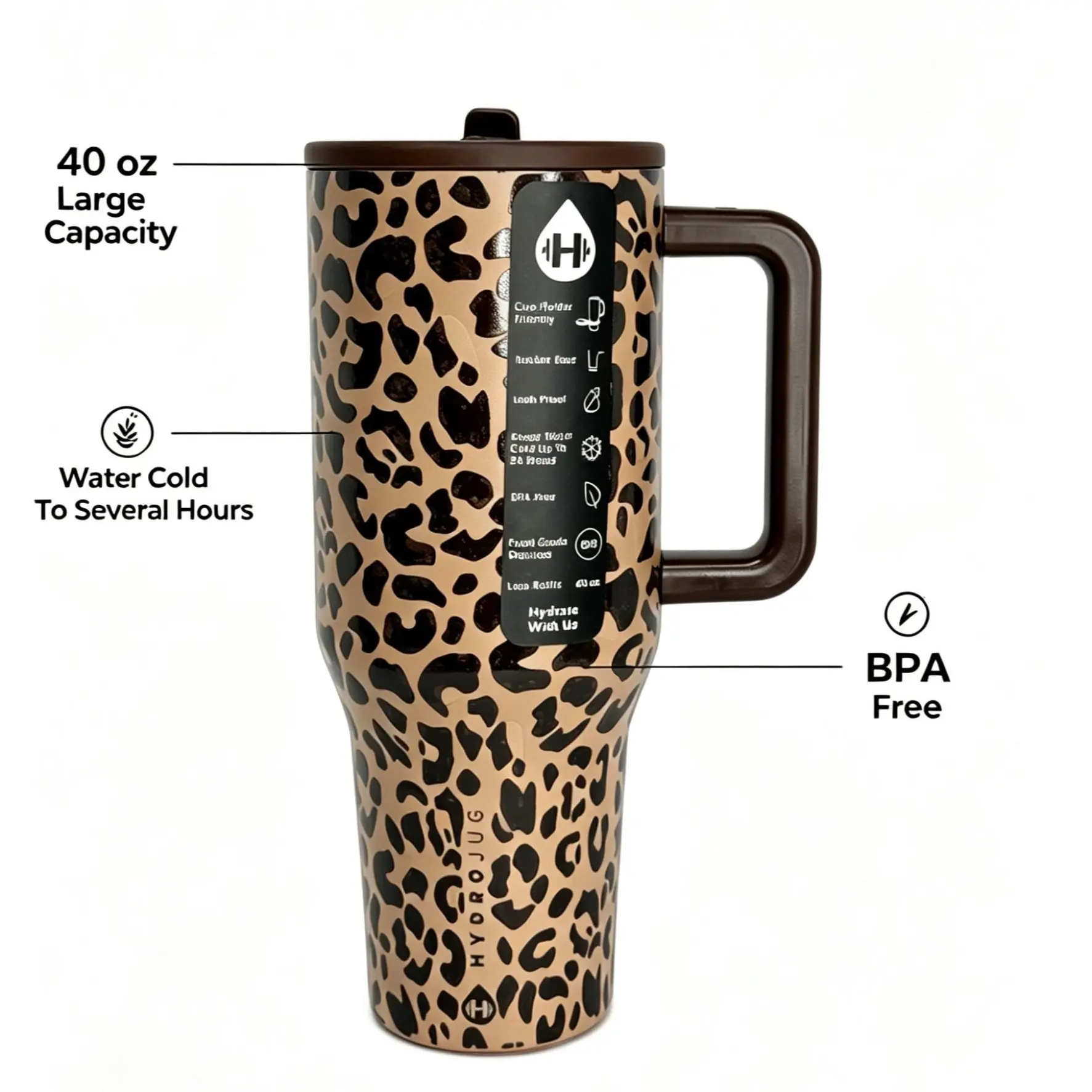 HydroJug 40oz Classic Brown Leopard Print Insulated Steel Water Bottle - Triple-Wall Vacuum Flask, Stylish Insulated Tumbler, Flip Straw Lid, Portable Reusable Bottled Drinkware for 1,000-2,000 ml Everyday Hydration