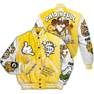Varsity Jacket Match Yellow Python 11s Sneakers, Paid in Full Graphic Design, Oversized Streetwear Baseball Coat