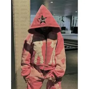 Y2k American High Street Trend Jacket Men Creative Embroidered Zipper Hoodie Harajuku Fashion Retro Oversized Sweatshirt Women Tops Blue Casual Long Sleeve Aesthetics Menswear Pullover