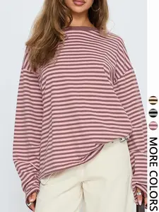 Women's Casual Striped Long Sleeve Pullover Top, All-Season Knit Fabric, Moderate Valentine's Day Thickening, Stylish Ladies' Fashion Apparel Valentine's Day, Knitted Pullover