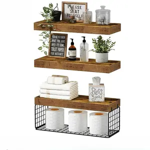 Bathroom Floating Shelves for Wall - Wall Mounted Shelf Over Toilet Storage Small Farmhouse Decor Shelves (15.7 inch, Set of 3, Rustic Brown)