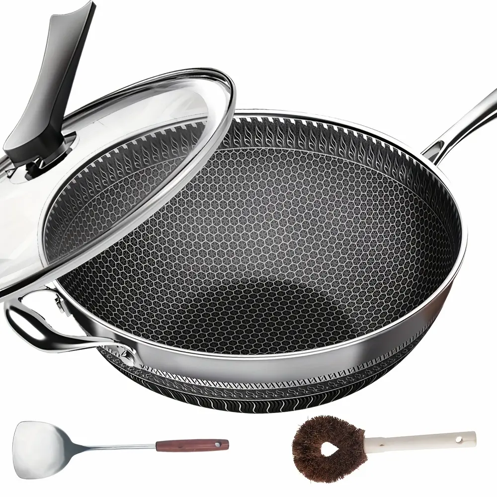 13.3 Inch Stainless Steel Wok with Lid And Spatula, Non Stick Stir-fry Pans with 2pcs Kitchen Accessories Gadgets, Kitchen Must Haves, Compatible with All Cooktops, And Closeout